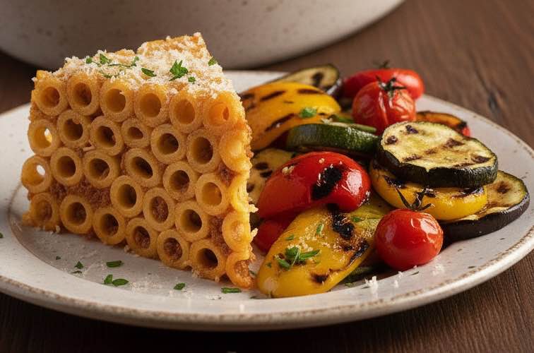 Anelletti alla Siciliana mit gegrilltem Gemüse angerichtet