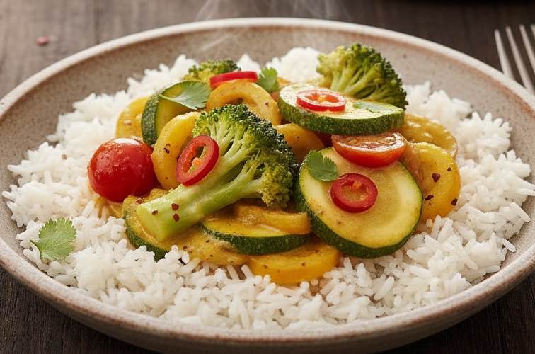 Brokkoli Zucchini Pfanne Curry auf einem Teller angerichtet