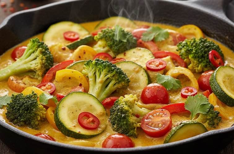 Brokkoli Zucchini Pfanne Curry eine mediterrane Variante