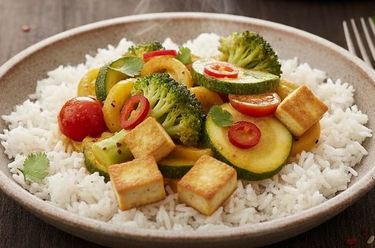 Brokkoli Zucchini Pfanne Curry mit Tofu
