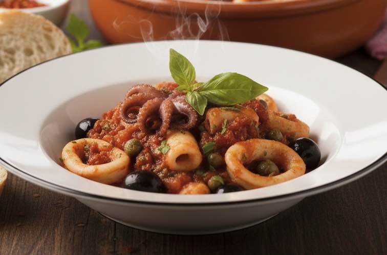 Calamari alla Luciana auf einem Teller angerichtet