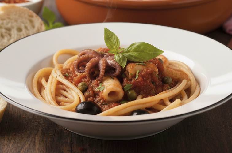 Calamari alla Luciana mit Pasta serviert