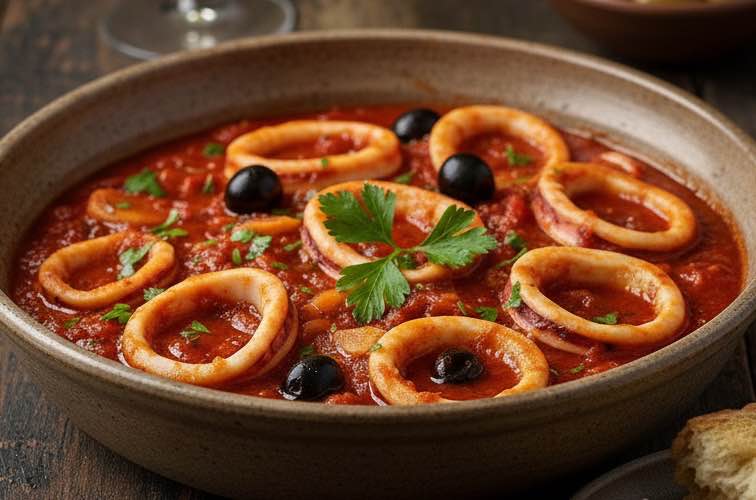 Calamari in Tegame in einer Schüssel angerichtet