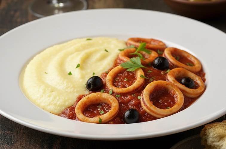 Calamari in Tegame mit Polenta angerichtet