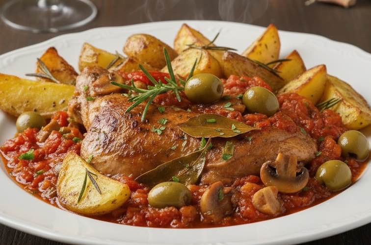 Coniglio alla Cacciatore mit Kartoffeln angerichtet