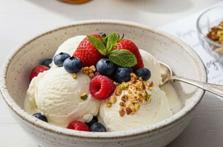 Eismaschine Joghurt Eis Rezept mit Nüssen und Früchten
