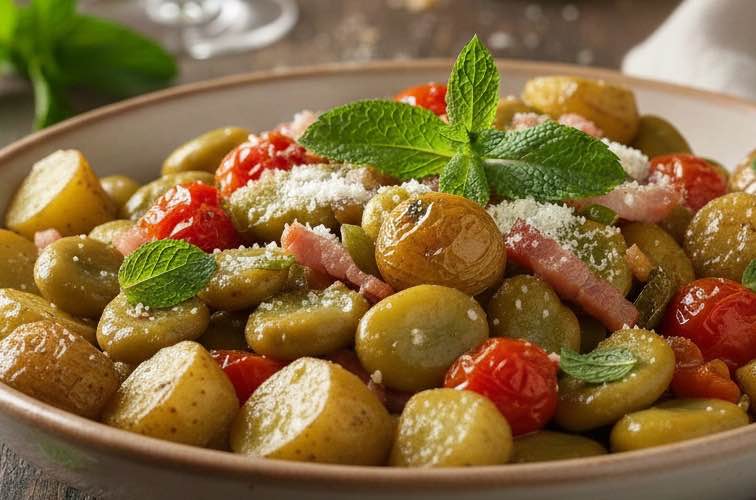Frische dicke Bohnen Rezept italienisch mit Kartoffeln angerichtet