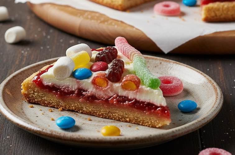 Fruchtgummi Pizza ein Stück auf einem Tdeller