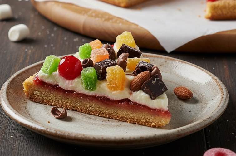 Fruchtgummi Pizza mit kandierten Früchten, Nüssen und Schokolade