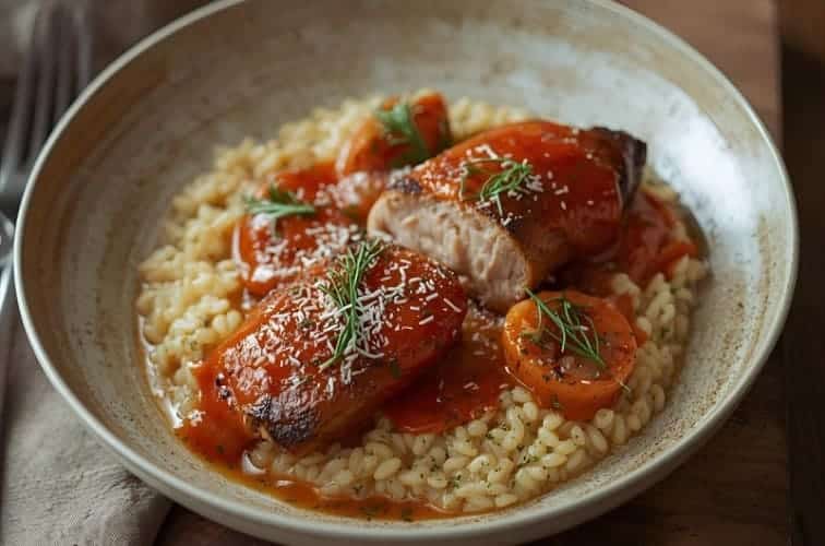 Gefüllte Schweinefilet italienisch mit Risotto serviert