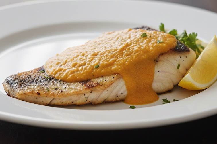 Gemüsesauce püriert für Pasta mit gegrilltem Fisch serviert