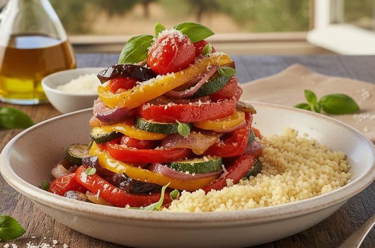 Italienische Gemüsepfanne mit Couscous angerichtet