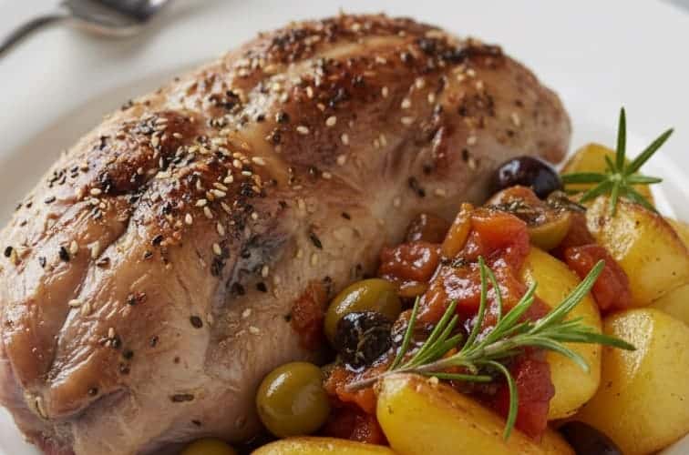 Kaninchen Sizilianische Art mit Rosmarinkartoffeln