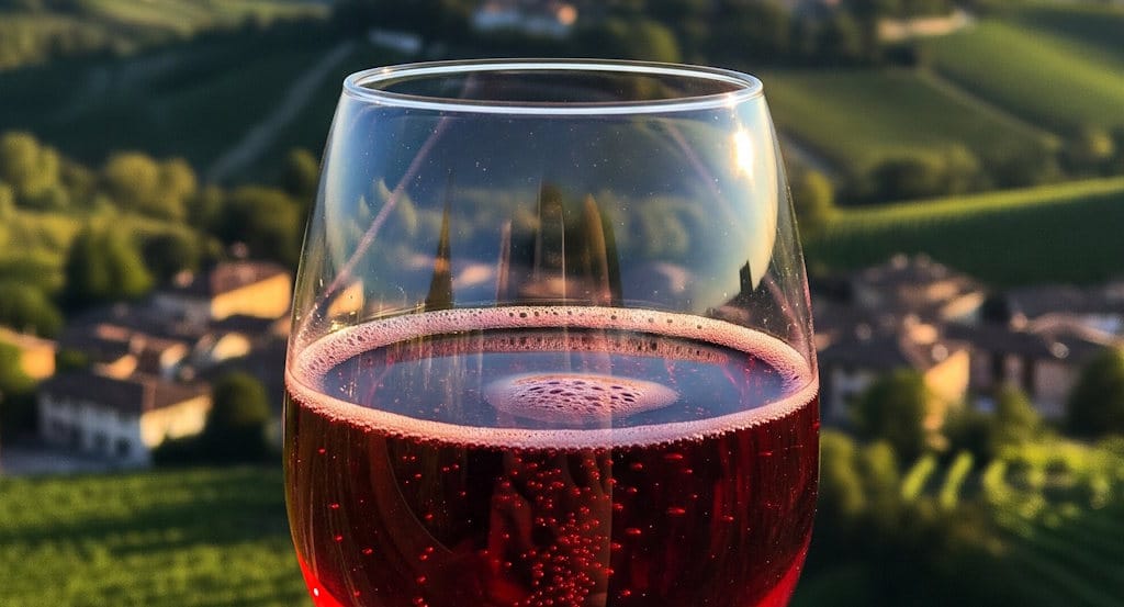 Lambrusco Wein Frizzante ausgeschenkt vor einer Landschaft in der Emilia Romagna