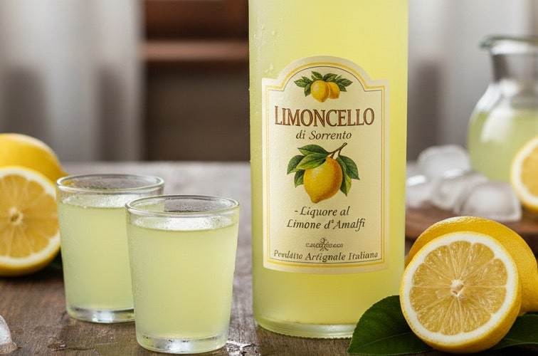 Limoncello original italienisch in einer Flasche und Gläser