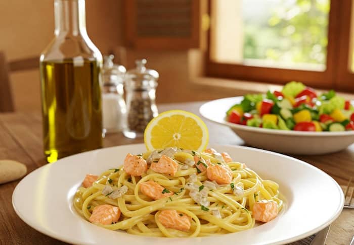 Llinguine-con-Salmone-serviert-mit-buntem-Salat