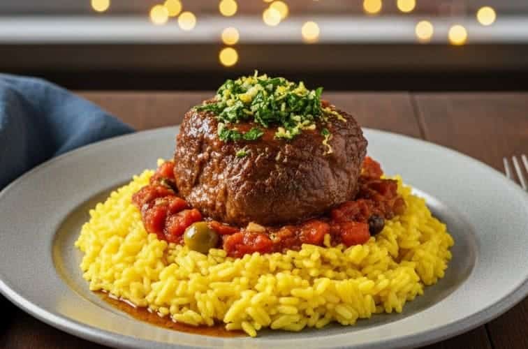 Ossobuco vom Rind auf sizilianische Art auf einem Teller serviert