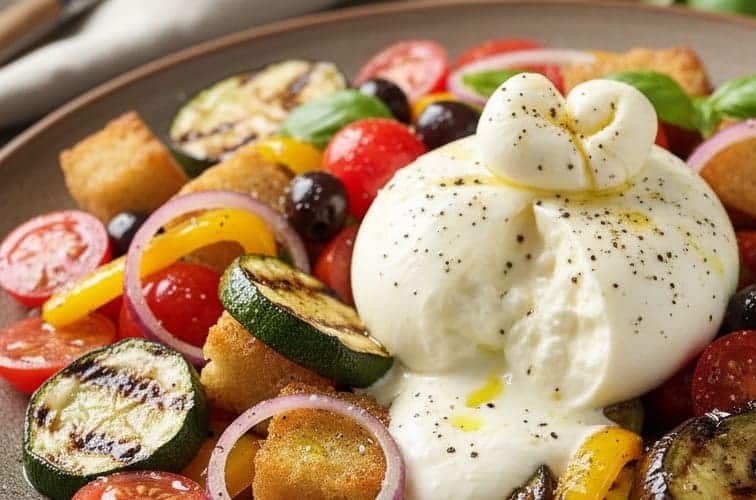 Panzanella in einer Variante mit Burrata und gegrilltem Gemüse