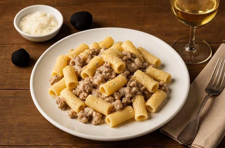 Pasta alla Norcina serviert als Rigatoni