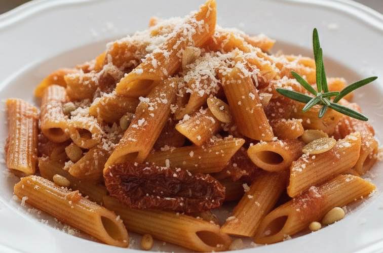 Penne alla Senese mit Pinienkernen und getrockneten Tomaten