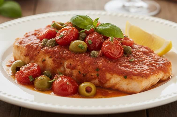 Pesce Spada alla siciliana auf einem Teller serviert