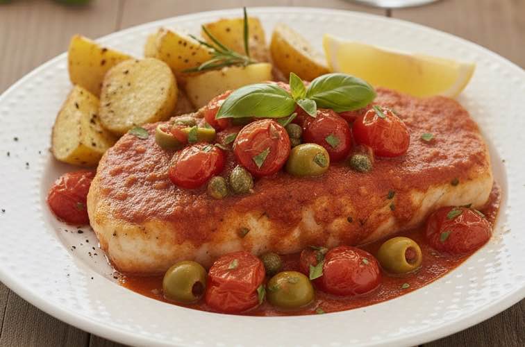 Pesce Spada alla siciliana mit Ofenkartoffeln serviert
