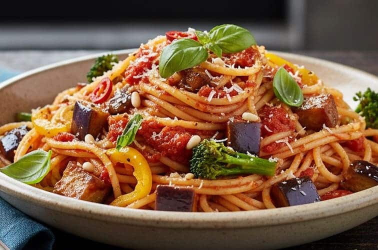 Pesto sizilianische Art mit Gemüse serviert
