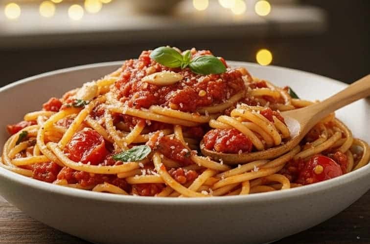 Pesto sizilianische Art mit Pasta serviert