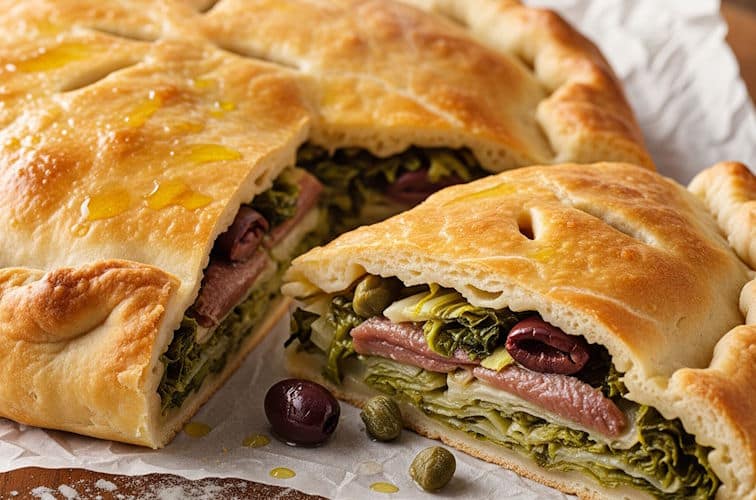Pizza di Scarola Napoletana mit Sardellen und Kapern und Oliven