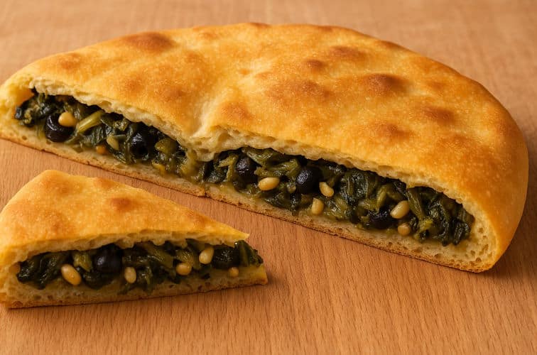 Pizza di Scarola zuhause gemacht mit Spinat und Pinoli gefüllt