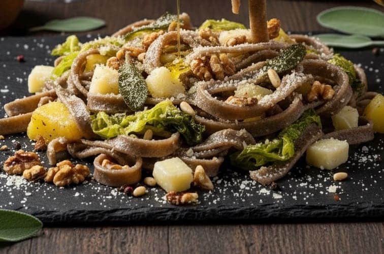 Pizzoccheri della Valtellina mit Nüssen angerichtet
