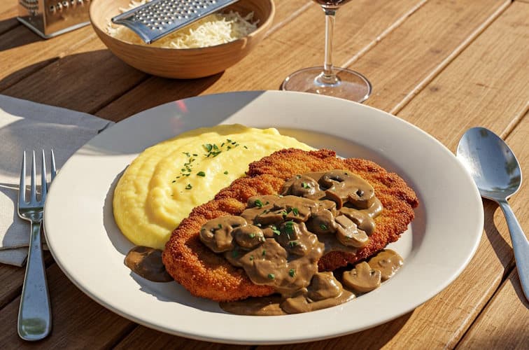 Polenta mit Schnitzel und Champignonsauce