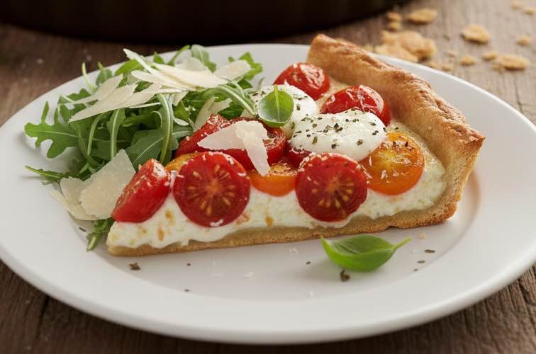 Rezept italienischer Tomatenkuchen mit Rucolasalat angerichtet