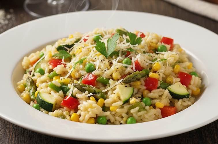 Risotto alle Verdure auf einem Teller angerichtet