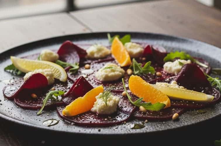 Rote Bete Carpaccio mit Orangen und Zitronen Scheiben