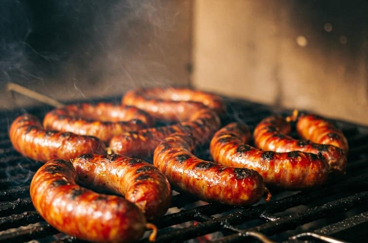 Salsiccia "ai ferri" gebraten in der Toskana in einem klassischen Kamin-Herd