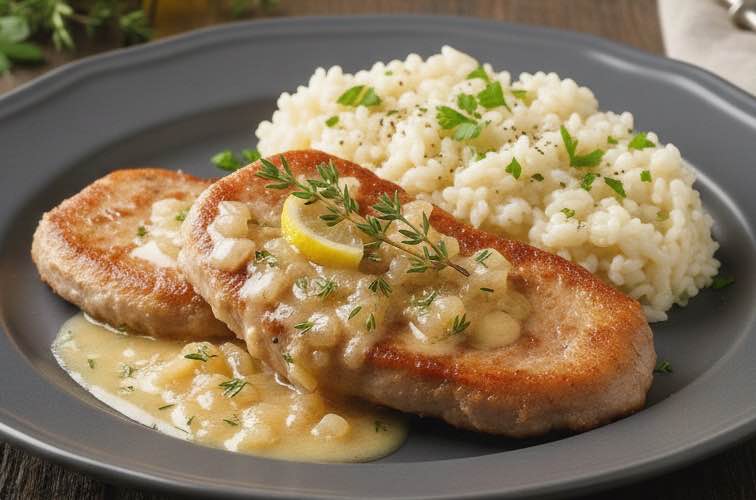 Scaloppine al Vino Bianco mit Risotto angerichtet