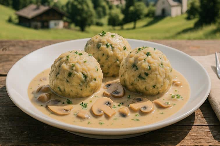 Südtiroler Semmelknödel mit Champignon-Rahm-Sauce