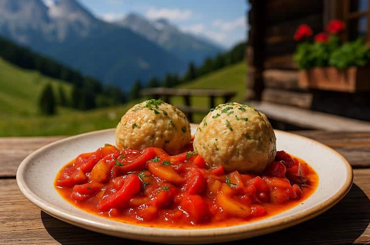Semmelknödel mit Peperonata-Sauce