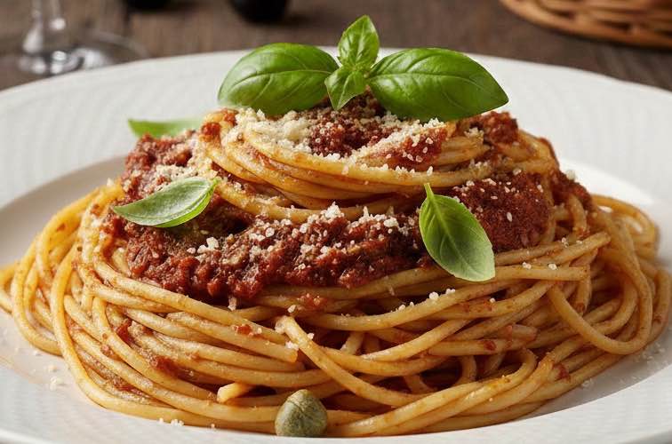 Spaghetti al Pesto alla Pantesca ein klassisches Pastagericht