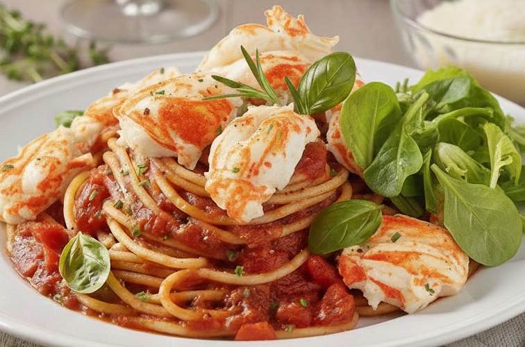 Spaghetti all’Astice alla Catalana mit Blattsalat angerichtet