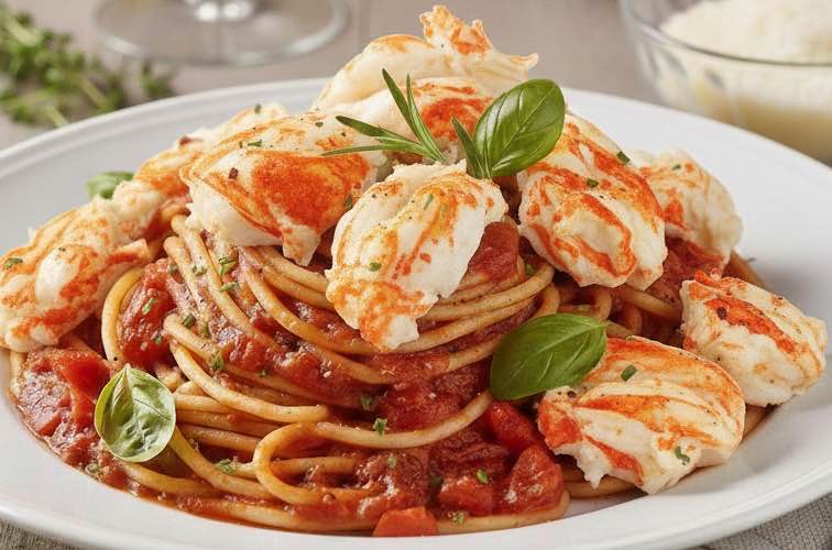 Spaghetti all’Astice alla Catalana mit anbetraenem Hummerfleisch