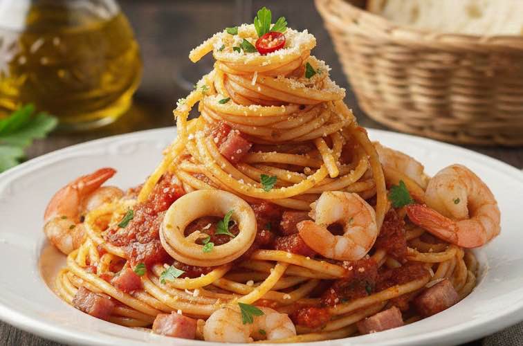 Spaghetti alla Americiana mit Meeresfrüchten angerichtet