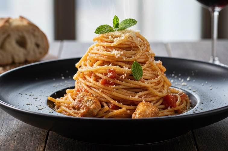 Spaghetti alla Foriana besonders angerichtet