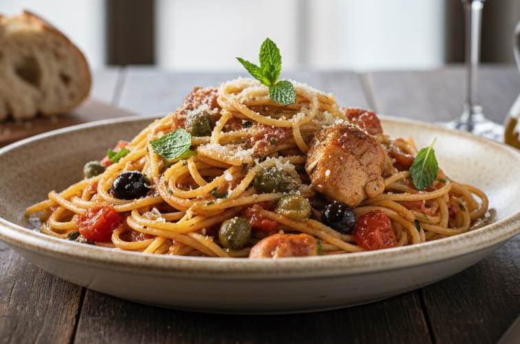 Spaghetti alla Foriana mit Kapern und Oliven angerichtet