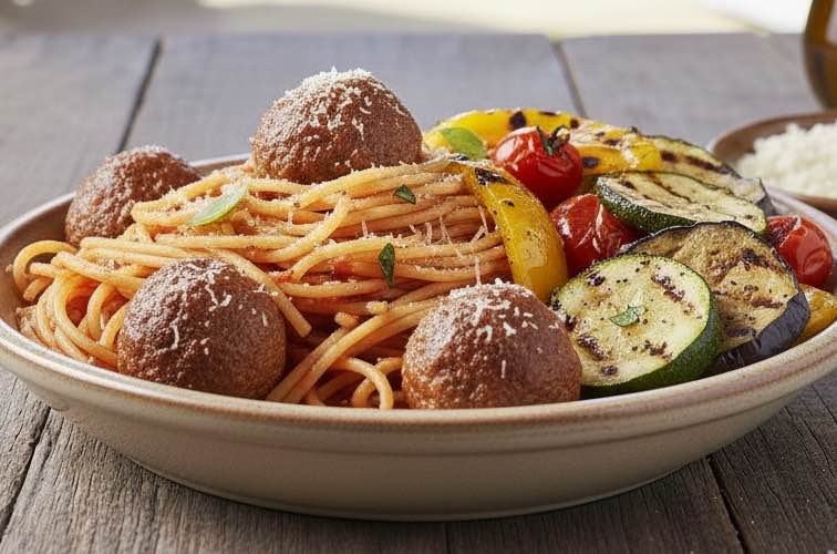 Spaghetti con Polpette mit gegrilltem Gemüse serviert