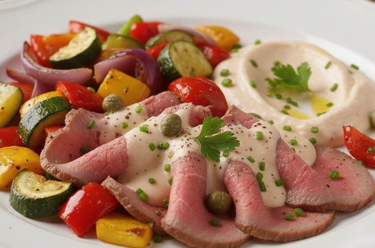 Vitello Salmonato mit geröstetem Gemüse angeichtet