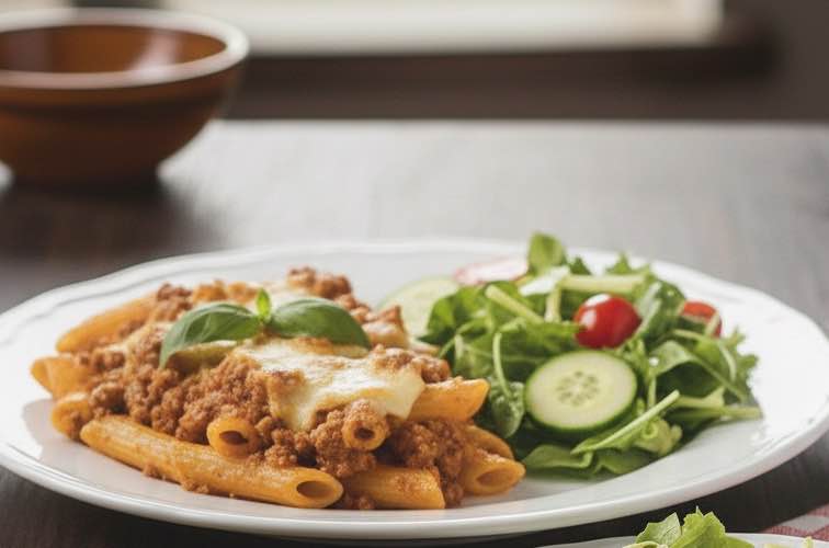 Ziti al Forno mit Salat angerichtet