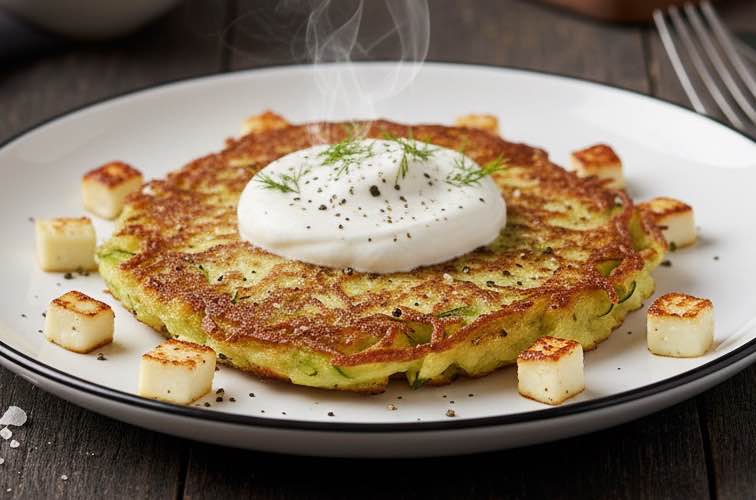 Zucchini Rösti auf einem Teller angerichtet