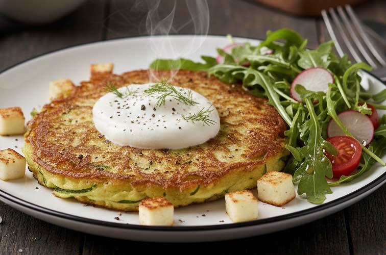Zucchini Rösti mit Salat angerichtet